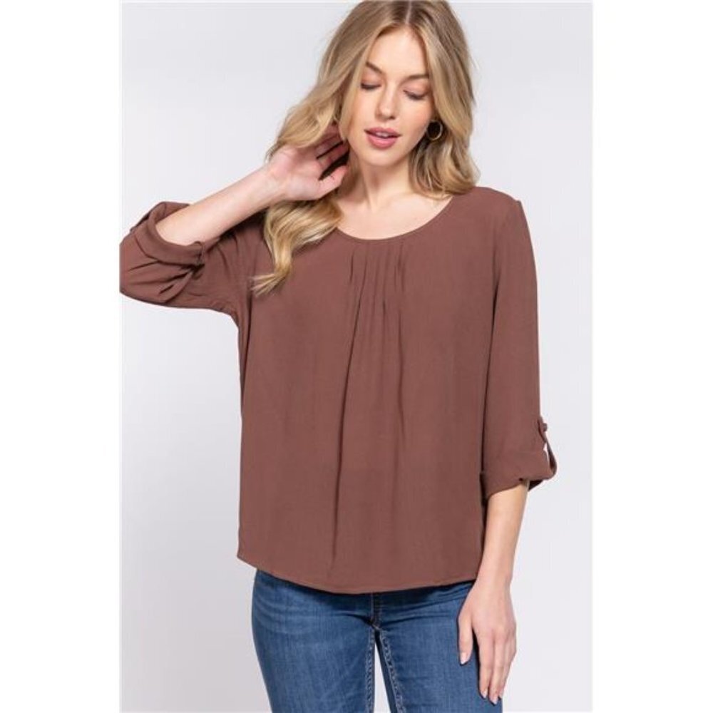 3/4 Roll-Up Sleeves/ Round Neck/ Pleated Detail Woven Blouse Tops For Women